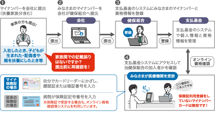 マイナンバー提出の流れ、オンライン資格確認（加入者情報の確認）のしくみの図